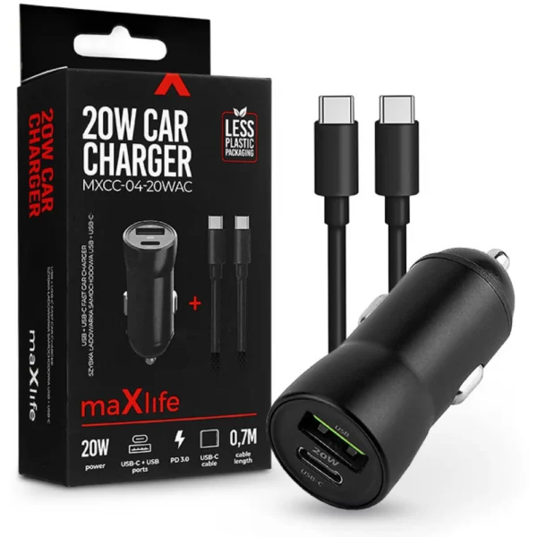Snabb Billaddare med USB-C och USB-A portar, USB-C till USB-C kabel medföljer - svart - Maxlife 20W Car Charger - Bild 2